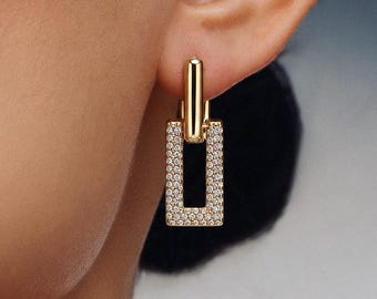 Gold & Silver Rectangle Drop Earrings, Pavé CZ Link Hoop Dangle Earrings, Geometric Statement Jewelry, Modern Earrings, Gift for Her