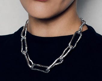 Chunky Paperclip Chain Necklace, Hammered Link Necklace, Gold Silver Statement Necklace, Adjustable Textured Chain Jewelry