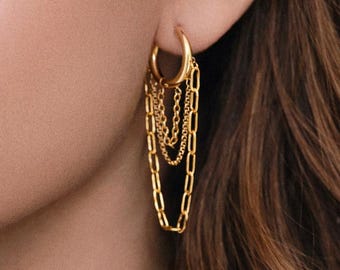 Two Tone Chain Drop Hoop Earrings, Gold & Silver Layered Dangle Hoops, Paperclip Chain Statement Earrings, Mixed Metal Jewelry