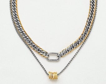 Two Tone Cuban Chain Necklace, Gold and Silver Mixed Metal Link Chain, Pavé Carabiner Pendant Necklace, Modern Statement Jewelry