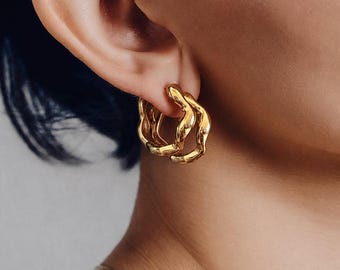 Gold Wavy Hoop Earrings, Organic Sculptural Hoops, Chunky Irregular Gold Earrings, Modern Minimalist Statement Jewelry Gift