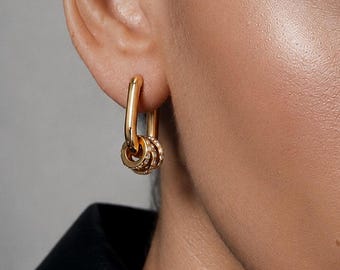 CZ Triple Ring Hoop Earrings, Gold or Silver Rectangular Huggies, Pavé Crystal Charm Earrings