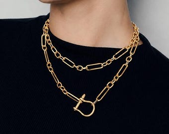 Long Paperclip Toggle Necklace, Convertible Single or Double Chain Necklace, Gold Statement Link Necklace, Layered Chunky Chain Jewelry
