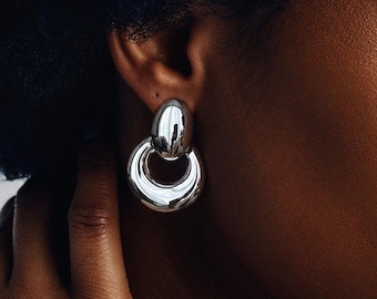 Sculptural Drop Earrings, Chunky Gold Silver Statement Earrings, Oval Hoop Door Knocker Earrings, Bold Modern Jewelry