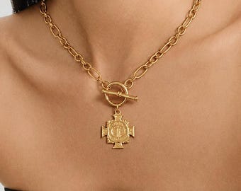 Gold Medallion Chain Necklace, Chunky Cross Pendant Toggle Necklace, Chunky Paperclip Link Necklace, Saint Benedict Pendant
