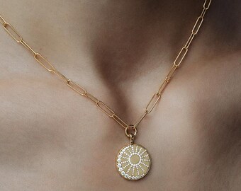 Gold Sunburst Pendant Necklace, Crystal Medallion Necklace, Paperclip Chain Necklace, Statement Gold Jewelry for Women