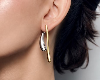 Two Tone Ear Jacket Earrings, Gold Silver Sculptural Drop Earrings, Modern Front Back Statement Earrings, Minimalist Jewelry
