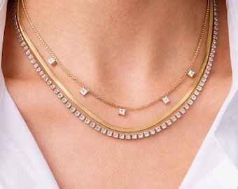 Layered Gold Necklace Set Stack, Herringbone & Tennis Necklace Stack, CZ Layering Necklace Set, Minimalist Jewelry Gift