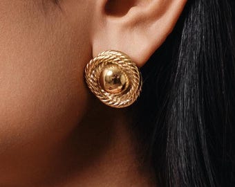 Gold Rope Dome Stud Earrings, Chunky Textured Studs, Vintage Inspired Statement Earrings