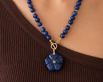 Lapis Lazuli Beaded Necklace with Carved Flower Pendant, CZ Toggle Clasp, Blue Gemstone Statement Necklace, Gift for Her