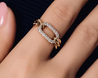 Gold Chain Link Ring with Pavé CZ, Chunky Gold Statement Ring, Sparkling Link Ring, Modern Bold Jewelry