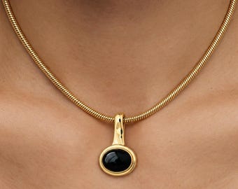 Black Onyx Pendant Necklace, Snake Chain Necklace, Sculptural Round Stone Pendant, Gold or Silver Statement Necklace