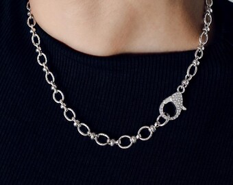 Silver Link Chain Necklace with CZ Gemstone Pavé Pendant Clasp, Chunky Statement Collar Necklace, Silver Choker Necklace Sparkly Gemstone