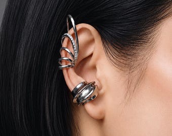 Silver Ear Cuff No Piercing, Statement Ear Cuff, Sculptural Wave or Crystal Wrap Cuff, Modern Silver Ear Jewelry Unisex