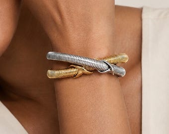 Gold and Silver Coil Knot Bracelet Set, Flexible Snake Chain Bangle, Ribbed Statement Bracelet, Chunky Minimalist Jewelry Gift for Her