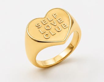 Self Love Club Heart Signet Ring, Gold Silver Statement Ring, Engraved Heart Ring, Bold Pinky Ring, Mothers Day Gift
