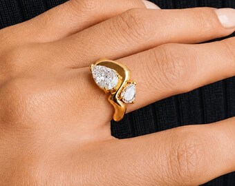 Gold Pear Cut CZ Statement Ring, Double Crystal Gemstone Ring, Sculptural Chunky Cocktail Ring, Modern Women’s Jewelry Gift
