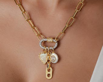 Gold Multi Charm Necklace, Paperclip Chain with CZ Carabiner, Chunky Chain with Charms Necklace, Statement Necklace