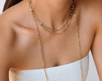 Gold Paperclip Chain Necklace, Convertible Waist Chain, Pearl Body Jewelry, Long Layering Necklace, Chain Belt for Women