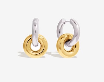 Link Hoop Earrings in Gold or Two-Tone, Two-Way Wear Chunky Hoops, Mixed Metal Bold Statement Earrings