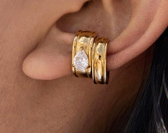Gold Ear Cuff No Piercing, Chunky Cartilage Cuff Earring with Pear CZ, Wide Statement Ear Wrap, Bold Gold Jewelry