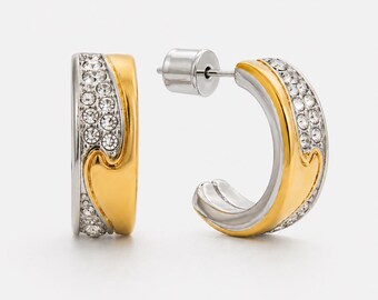 Two Tone CZ Hoop Earrings, Gold Silver Crystal Hoops, Mixed Metal Pavé Huggie Earrings, Modern Statement Hoops