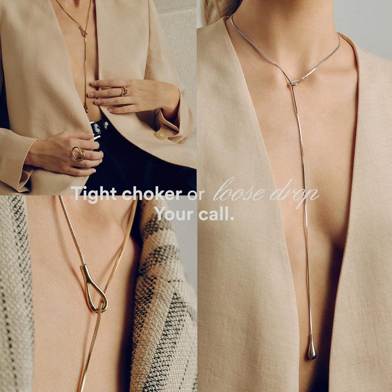 Adjustable knot layered necklace with a Y-lariat drop chain and a gold or silver toggle pendant. Versatile design can be worn long, as a choker, or layered with other necklaces. A minimalist long drop chain necklace perfect for everyday wear, Thanksgiving gatherings, Christmas parties, New Year celebrations, and holiday gifting.