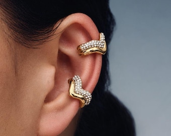 Double Band Dome Ear Cuff, Gold Pavé Ear Cuff, Non Pierced Crystal Ear Cuff, Chunky Gold Statement Cuff Earring