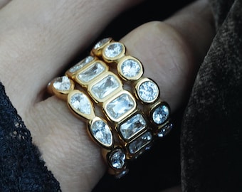 Gold Bezel Zircon Eternity Ring, Marquise Round Teardrop CZ Band, Stackable Crystal Gemstone Ring, Minimalist Statement Jewelry Gift