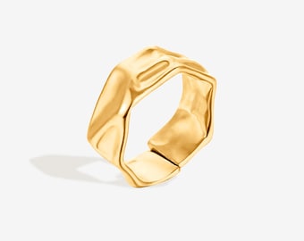 Molten Square Band Ring in Gold, Open Band Sculptural Statement Ring, Chunky Modern Minimal Band Ring, Molten Textured Thick Band Ring