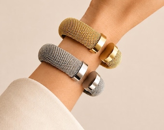 Chunky Mesh Cuff Bracelet, Gold or Silver Open Bangle, Woven Statement Bracelet, Textured Modern Jewelry, Two-Tone Bracelet Set