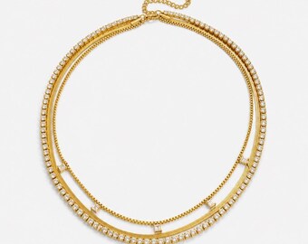 Layered Gold Necklace Set Stack, Herringbone & Tennis Necklace Stack, CZ Layering Necklace Set, Minimalist Jewelry Gift
