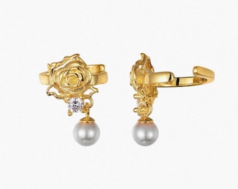 Pearl Drop Ear Cuff, 18k Gold Plated Sterling Silver Cartilage Cuff, Adjustable Non-Pierced Helix Clip-On Cuff, Zircon Sparkling Wrap Cuff