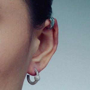 sterling silver organic clip-on ear cuff with a thick wrap design, dainty and colorful, perfect for cartilage or helix without piercing