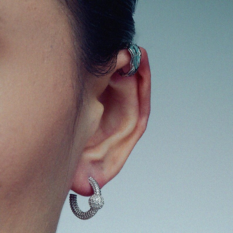 sterling silver organic clip-on ear cuff with a thick wrap design, dainty and colorful, perfect for cartilage or helix without piercing