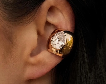 Gold Teardrop CZ Ear Cuff, Chunky Dome Ear Cuff Plain or Pear Cut Zircon, No Piercing Statement Earring