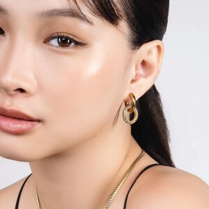 Link Hoop Earrings in Gold or Two-Tone, Two-Way Wear Chunky Hoops, Mixed Metal Bold Statement Earrings image 2