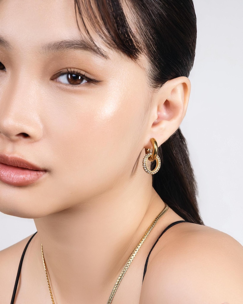 Link Hoop Earrings in Gold or Two-Tone, Two-Way Wear Chunky Hoops, Mixed Metal Bold Statement Earrings image 2