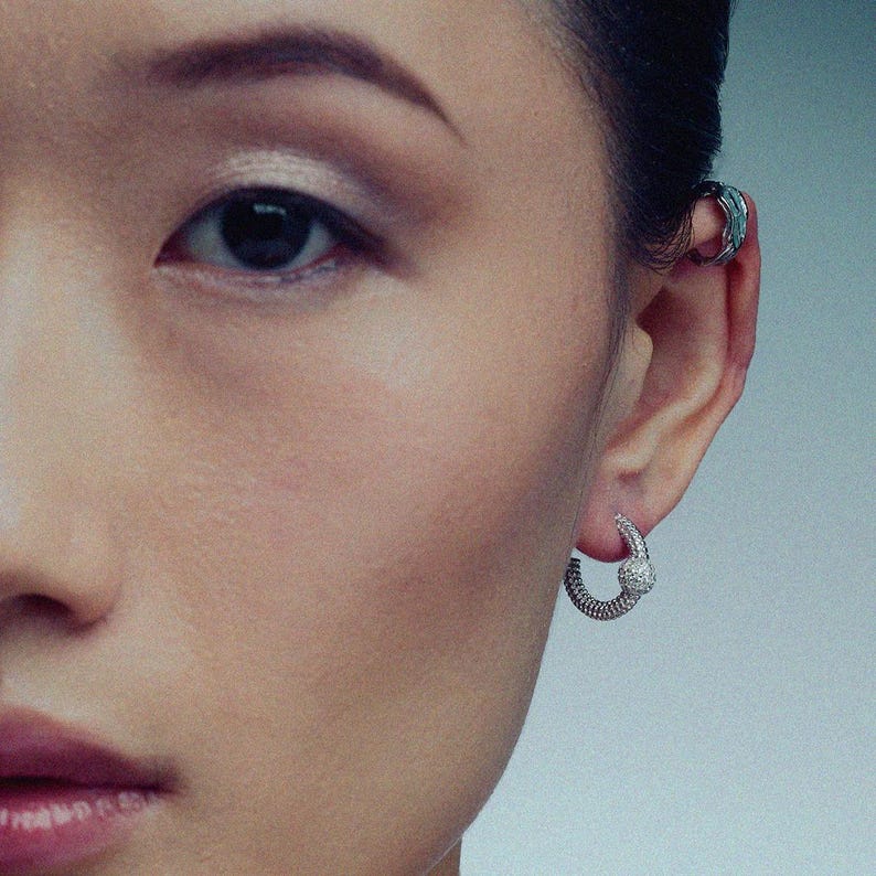 sterling silver organic clip-on ear cuff with a thick wrap design, dainty and colorful, perfect for cartilage or helix without piercing