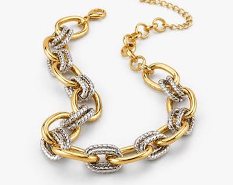 Two-Tone Statement Chain Necklace, Chunky Gold and Silver Link Necklace, Mixed Metal Link Chain Necklace