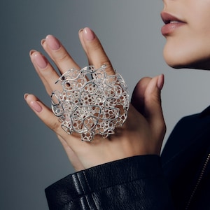 Large Sculptural Statement Ring, Gold or Silver Openwork Organic Ring, Abstract Modern Cocktail Jewelry, Wearable Art Ring