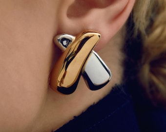 Crossover Two Tone Statement Earrings, Sculptural Chunky Earrings in Gold and Silver, Modern Mixed Metal Earrings
