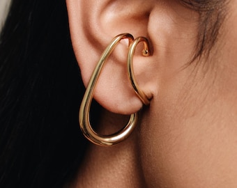 No-Piercing Hoop Ear Cuff in Gold or Silver, Hanging Dangle Sculptural Cartilage Cuff, No Piercing Statement Earrings, Chunky Ear Cuff Hoops