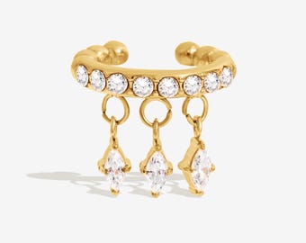 Crystal Cartilage Ear Cuff, No-Pierce Gold Ear Cuff with Dangle Charms, Gold Helix Ear Cuff, Statement Ear Jewelry