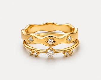 Gold Ring Stack Set, Dainty CZ Stacking Rings, Floral Rose Ring Set, Minimal Statement Rings, Layered Gold Band Set