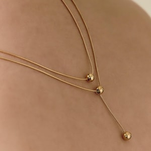 Gold Layered Necklace, Double Chain Beaded Ball Pendant, Dainty Minimalist Gold Necklace, Stackable Pendant Necklace, Two Layer Necklace