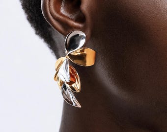 Two Tone Leaf Statement Earrings, Gold Silver Drop Earrings, Sculptural Dangle Earrings, Bold Floral Earrings, Modern Jewelry Gift