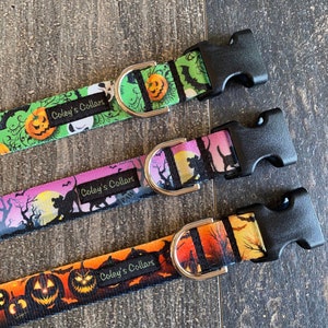 May include: Three Halloween-themed dog collars with black buckles and silver D-rings. The collars feature a green, pink, and orange background with images of pumpkins, bats, and ghosts. The collars are labeled "Coley's Collars".