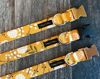 May include: Three yellow dog collars with white floral patterns and black text that reads "Coley's Collars". The collars have different colored buckles: gold, black, and silver.