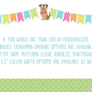 May include: A cute cartoon dog wearing a festive party hat with a colourful bunting banner above. The text below reads: "IF YOU WOULD LIKE YOUR COLLAR PERSONALISED, BUCKLE ENGRAVING UPGRADE OPTIONS ARE AVAILABLE IN MY SHOP. MATCHING LEASH, HARNESS, MARTINGALE, AND 1.5" COLLAR WIDTH OPTIONS ARE AVAILABLE AS WELLI"